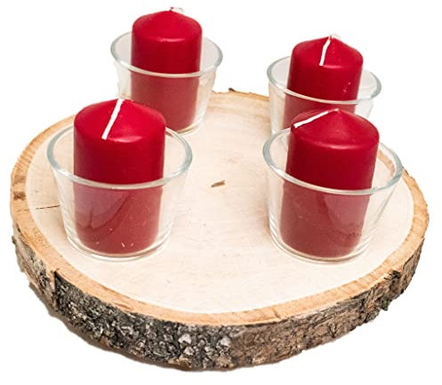 Natur Kerzenhalter aus unbehandelter Baumscheibe mit 4 Gläser und Kerzen, ohne Schadstoffe geeignet für Haushnalte mit Kinder. Adventskranz, Weihnachtsdeko, Osterkranz, ganzjahres Freude (Elch)