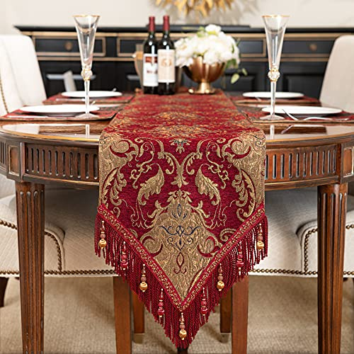 TOPLUXE Tischläufer mit Quasten, Jacquard Tischdecke für Esstisch Urlaub Party Wohnzimmer Dekoration (33x180cm, Burgund)