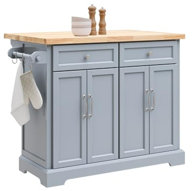 SoBuy Desserte de Cuisine à roulettes, Îlot Central avec Plan de Travail Extensible Chariot Mobile pour Cuisine ou Salle à Manger, Meuble de Cuisine avec Rangement Gris 115x46/71x92 cm FKW71-II-HG