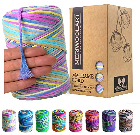 MeriWoolArt® Premium Makramee Garn - Makramee Baumwollgarn 3mm x 200m - Super weiches Garn, einfach gedrehte Makramee Schnur - Öko-Tex 100% recyceltes Baumwolle für DIY Boho Deko Handwerk