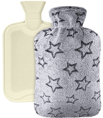 Vicloon Premium Wärmflasche mit Bezug aus weichem Kunstfell, 2L Wärmflasche mit Bezug, Bettflasche mit Superweichem Abnehmbarem Bezug, Kälteschutz für Erwachsene & Kinder-Grauer fünfzackiger Stern