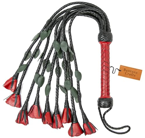 Geflochtene Peitsche aus echtem Leder, ideal für Cosplay, neunschwänzige Katze mit Rosenenden, BDSM-Kostüme, Quasten, Peitschenschwänze, Kinky Bondage, BDSM, Rot, Schwarz und Grün