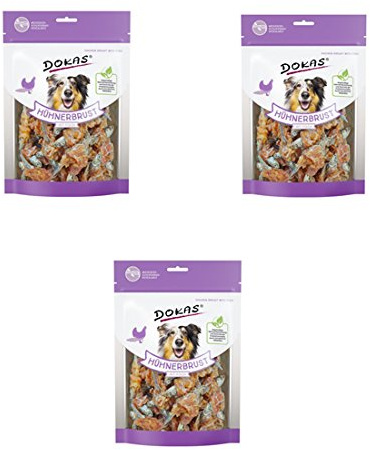 Dokas Kausnack Hühnerbrust mit Fisch | 3er Pack | 3 x 220 g | Leckerli für Hunde | Als Belohnung zwischen den üblichen Mahlzeiten | Schonend luftgetrocknet | Im Frischebeutel