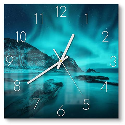 DEQORI Glasuhr | 30x30 cm | Motiv Polarlichter in Norwegen | ausgefallene leise Design Uhr aus Glas | Wanduhr für Wohnzimmer & Küche | moderne Hingucker Uhr für die Wand