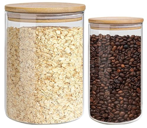 EQEY Glass Storage Jars Set Elegant Containers with Airtight Bamboo Lids, Perfect for Kitchen Organization - Flour, Rice, Pasta, Sugar, Coffee Beans, Accessories Included (2 packs(37oz / 110oz))