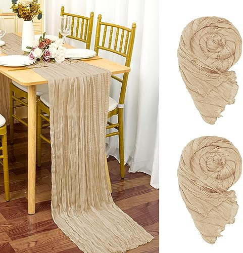 2 Stück Seihtuch-Tischläufer Beige, 90 x 300 cm Hellbraun Rustikaler Gaze-Stoff Boho-Tischläufer Käsetuch Cheesecloth Hochzeit Tischdecke für Hochzeitsfeier Brautparty Tischdekoration