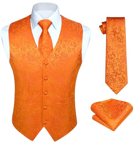 HISDERN Herren FLoral Hochzeit Weste Krawatte Einstecktuch Taschentuch Jacquard Weste Anzug Set