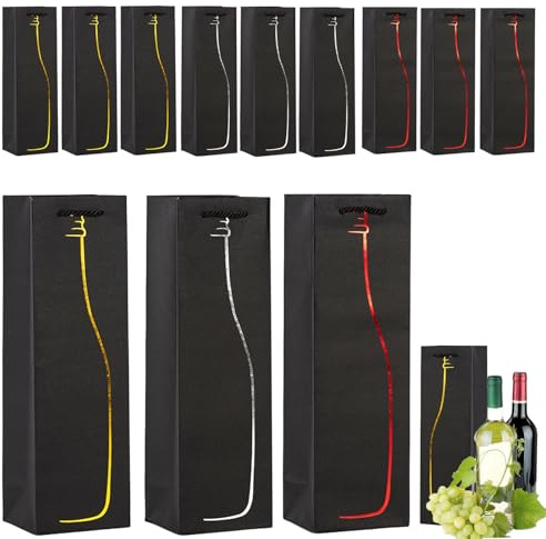 COSORO Sac Bouteille Vin Papier Kraft avec Poignée,12 Noir Sacs Cadeau pour Emballage Vin,Recyclables Qualité Supérieure Sac Papier Kraft Champagne Whisky pour Noël Mariage Fête Anniversaire