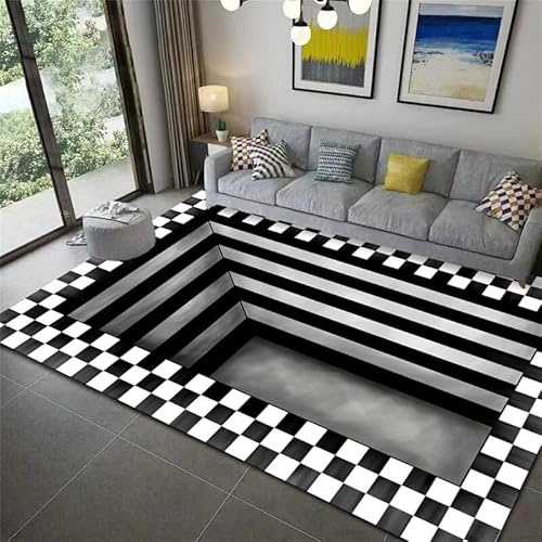 Vortex 3D Illusion Teppich - Optische Täuschung Swirl, Kariert in Schwarz und Weiß für Schlafzimmer, Wohn- und Badezimmer