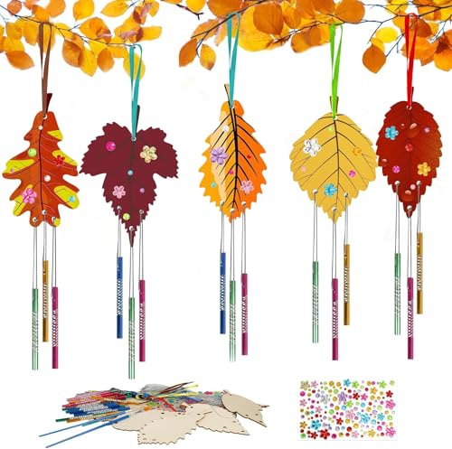 Herbst Basteln Kinder 12 Stück, Ahornblatt Windspiel Bastelset | mit Pinsel/ Edelsteinaufkleber, Holz Deko Hänger Herbst, Herbst Holzanhänger zum Bemalen, Geschenke für Mädchen Junge