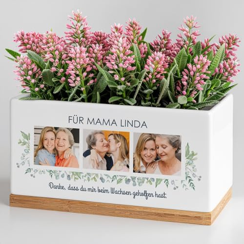 Maverton Keramik Übertopf mit Aufdruck + Untersetzer aus Bambusholz - rechteckig - Dekotopf für Frauen - Kräutertopf Küchen Deko - zum Einzug - personalisiert - Weiß - Collage