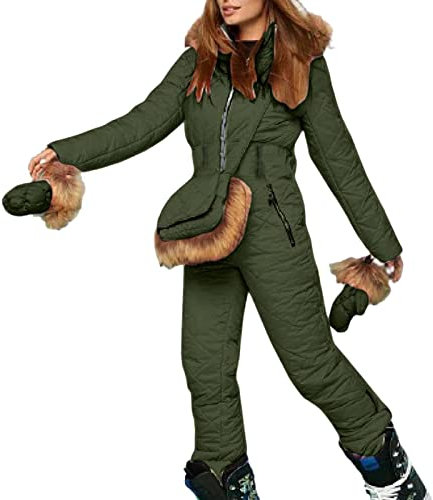 Skianzug Damen - Skioverall Schneeanzug mit Fellkapuze Skioverall Ski-Anzug Dicker Große Größe Skijacke Winter-Overall One Piece Ski Suit Outdoor Winter Warme Skifahren
