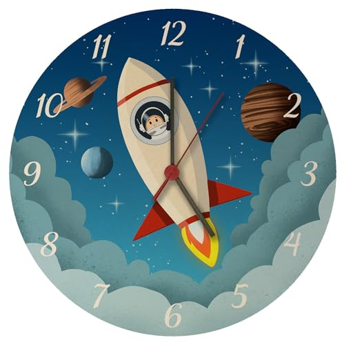 speecheese Rakete im Weltall Wanduhr für Kinder Schöne Uhr für das Kinderzimmer mit Planeten des Kosmos als Geburtstagsgeschenk für Kinder und Deko für das Schlafzimmer