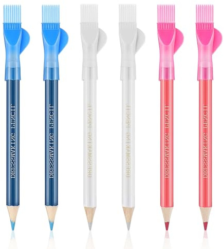 INBOLM Tailors Chalk Pencils Pack of 6 - White, Blue, Red with Brush Cap, Fabric & Sewing Chalk, Easy to Clean & Use, Versatile