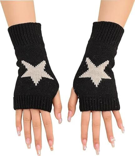 PINNKL Women's Fingerless Star Pattern Gloves - Warm Knitted Wrist Warmers with Thumb Hole Y2K Accessories (black and White)