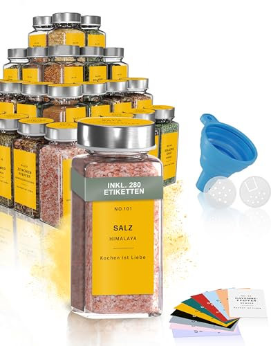 MS. EMMA Set di barattoli per spezie, 24 eleganti barattoli per spezie (120 ml) con etichette per spezie in 10 colori, spargispezie con inserti e imbuto Contenitore per spezie (giallo curry)
