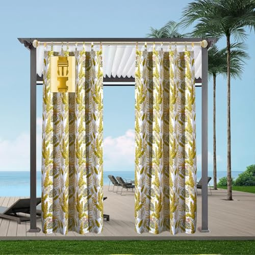 Comlax Outdoorvorhänge - Wasserdicht Tropische Blätter Outdoor Vorhang Balkon Terrasse Vorhängel UV Schutzmittel und Winddicht Vorhang, Balkon sichtschutz Vorhänge 1 Stück, Gold 132x215cm