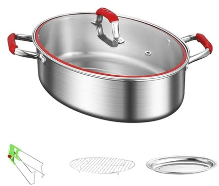 Ovaler Dampftopf for Fisch, Dampfgarer mit großem Fassungsvermögen aus Edelstahl 304, mit Clip, Dampfgarer aus Edelstahl