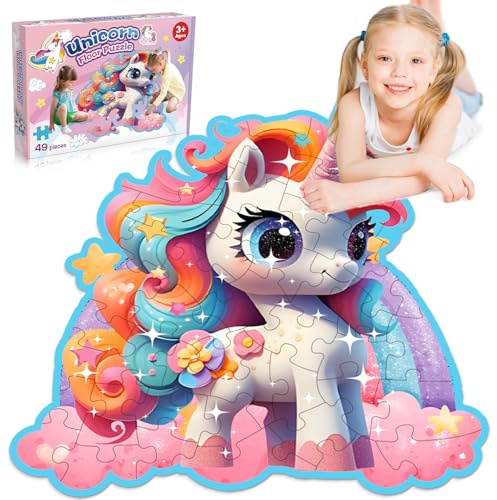 Kinderpuzzle Einhorn Geschenke für Mädchen, 49 Teile Bodenpuzzle für Kinder ab 3 Jahren, Großes Einhorn Puzzle Spielzeug als Geschenk für Mädchen Farbenfrohes Kinder Puzzle für Kinderzimmer Dekoration