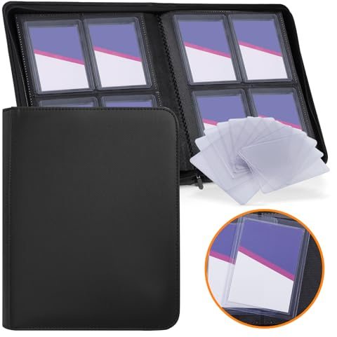 Zettokete Toploader Binder 4 Pocket, Top Loader Binder for High-Value Trading Cards - Holds 96 Cards in 3 x 4 Top Loaders, Includes 10 Toploaders, Collectible Card Album for TCG, Sports Card, Black