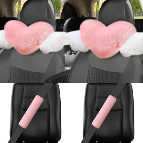 Fanfanwin 4 Pcs Car Accessories Set Include 2 Pcs Pink Heart Shaped Car Headrest Pillow with Angel Wings2 Pcs Pink Faux Fur Universal Seatbelt Cover Kawaii Soft Neck Rest Cushion for Truck SUV Decor
