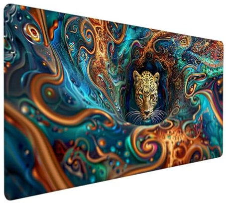 BEIJUYHU Premium-Mauspad aus Stoff in XL 600 x 300 x 3 mm, Schreibtisch Unterlage Glatte Oberfläche für Präzision, Vernähte Kanten, rutschfest, Zusammenrollbar Kunst Leopard 9 - L