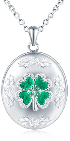 MICMIF Foto Bilder Kette Kleeblatt Oval Medaillon Damen Silber 925 Halskette Personalisierte, Schwarz/Rot/Grün Klee Medaillon Anhänger Vintage Amulett Kette für Frauen Mädchen