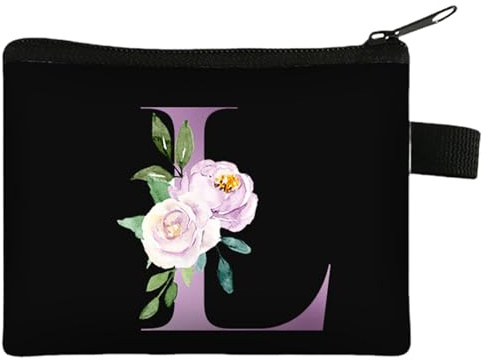 FAVORTALK Personalised Coin Purse Floral Coin Bags Small Purse with Zipper Mini Coin Wallet for Ladies and Girls Black Initial Purses for Cash Coin Key and Other Small Items Floral Purses - 43414