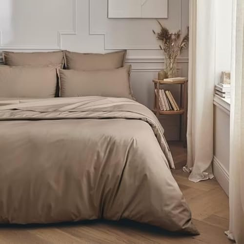 Ensemble de Parure de draps 5 Pieces Unie en pour Un lit 2 Personnes 140 x 190 cm 1 drap housse + 1 drap plat +2 taies d'oreiller + 1 taie de traversin 100% Coton 57 Fils HAUTE QUALITE (marron)