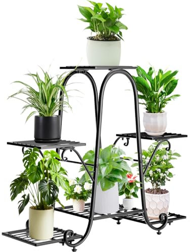 AKOZLIN Blumenständer Metall Schwarz, 6 Etagen Pflanzenregal Indoor, Robuste Große Flower Stand Blumenständer Hoch Für Balkon, Terrasse, Garten, Indoor, Outdoor, Pflanzenständer Aus Metall
