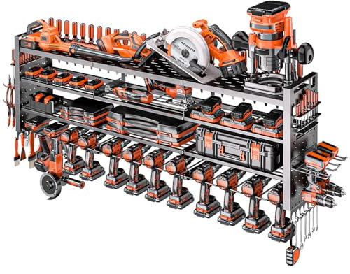 Shomextol 49.8 W Large Power Tool Organizer Wall Mount, Heavy Duty Tool Organizer with 14 cordless Drill Holder, 4 Layers Garage Organization and Storage Rack, Tool Rack for Garage Workshop, Black