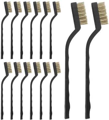 12 mini cepillos de alambre con asas de plástico, cepillo de alambre de latón para limpiar óxido, piezas de trabajo de metal, soldadura de escoria y óxido, suciedad grasa (12)