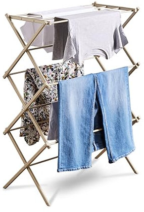 Tower T873020MSH 3 Tier Compact Airer with 11 Drying Rods, Racks for Shoes, Foldable Design, Anti-Slip Feet, Weight Capacity 10kg, Latte