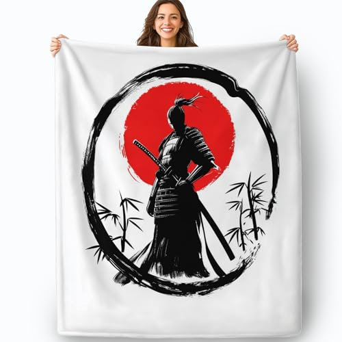 Kuscheldecke Fleecedecke Flanell Decke, Japanischer Krieger Muster Wohndecken Couchdecke Flauschig Überwurf Tagesdecke Sofadecke Für Schlafzimmer 180 x 220 cm, Weiß
