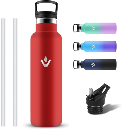 Grsta Botella Agua Acero Inoxidable, Reutilizable Botella Termica 1 litro con Pajita y Filtro, Sin BPA Cantimplora Termica con 2 Tapones, Termo a Prueba de Fugas para Deporte, Gimnasio, Cámping