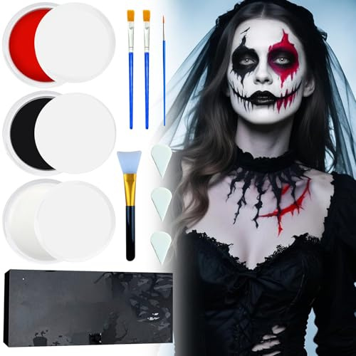 150g Halloween Schminke Schwarz Weiß Rot Körperfarbe,Halloween Make Up Set,Theaterschminke,Schädel Gesicht Make up,mit 4 Pinseln Make up 3 Schwämme,für Fasching Halloween Make up SFX