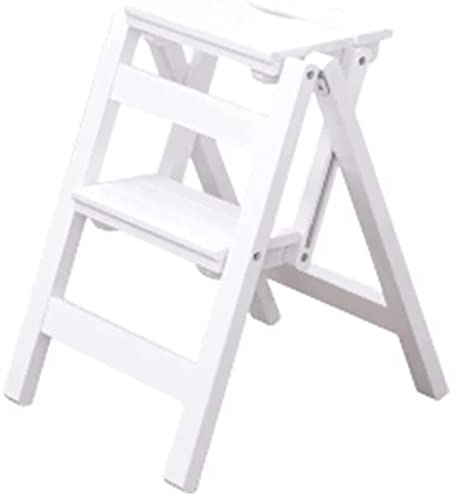 Escabeau pliable multifonction en bois à 2 marches – Marchepied de cuisine robuste blanc d'une capacité de 150 kg, idéal pour une utilisation en intérieur/extérieur, larges pédales pour plus de