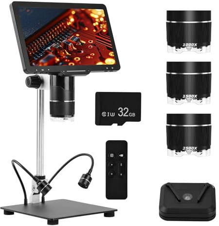 Microscopio digitale Pro con display IPS da 10,1 pollici, 3 obiettivi (1000X-2500X) per saldatura e biologia, fotocamera 2K, anello luminoso a 144 LED, HDMI/USB, 32 GB per bambini e professionisti
