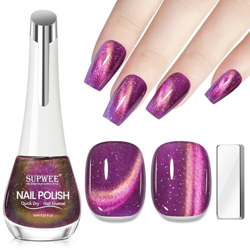 SUPWEE Purple Cat Eye Nail Polish Quick Dry, 16ml Magnetic Nail Polish | Lacquer Shimmer Galaxy Glitter Effect with Magnet High Glossy Nails Varnish Home Gift DIY Salon for Women Girl