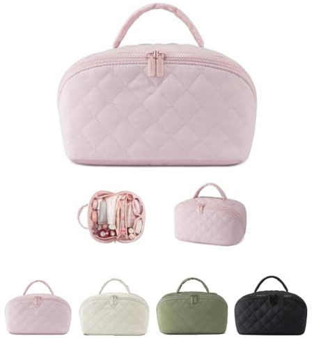 Travel Makeup Bag for Woman, Puffer Waterproof Cosmetic Organizer with Brush Compartment & Handle, Large Capacity Pouch Open Flat Small Toiletry Bag
