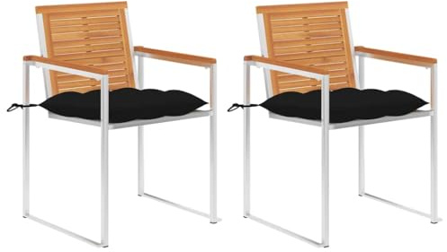 SKTQYQO Gartenstuhl aus Akazienholz und Edelstahl mit 2 Kissen für den Außenbereich, Terrassenstuhl-Set mit schwarzen Kissen, robust und einfach