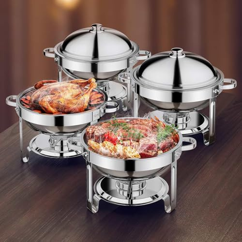 Barhon Warmhaltebehälter Essen 4 pcs, Chafing Dish 6L, Wärmebehälter für Speisen, Leicht zu reinigender Edelstahl Warmhaltebehälter, Schnell Aufbaubarer Speisenwärmer, Runder Buffetwärmer