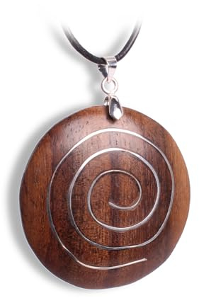 Sonoholz Anhänger mit Silberspirale – Handgefertigter Holzschmuck ca. 3,8 cm Ø | Mit Metallöse, schwarzem Lederband & Organzasäckchen