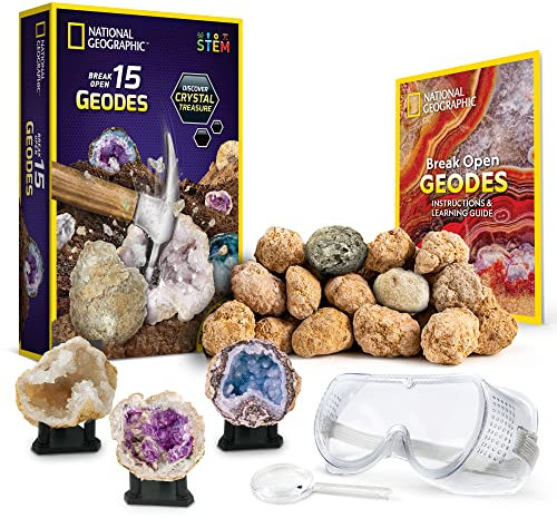 NATIONAL GEOGRAPHIC - Break Open 15 Premium Geodes – Includes Goggles, Detailed Learning Guide & 3 Display Stands - Great Stem Science Gift for Mineralogy & Geology Enthusiasts of Any Age