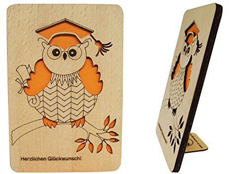 LINPopUp®, LIN17358, Holzkarten Grußkarten aus Holz, Grußkarten Eule, 3D Karten Holz mit Sprüchen, Glückwunschkarten bestandene Prüfung, Eule mit Doktorhut, N601