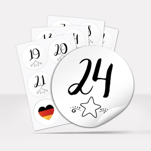 Adventskalender Zahlen Aufkleber, 24 Stück rund 4 cm - Modern Sterne schwarz weiss - Weihnachtskalender Zahlen Etiketten für Adventskalender Etiketten für Geschenke und Kalender