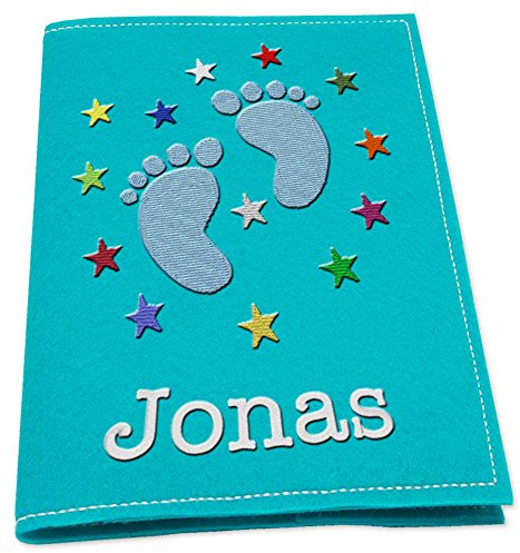 U-Heft Hülle Junge bestickt mit Name Babyfüße blau bunte Sterne Filz hellgrau dunkelgrau pink hellblau schwarz türkis maigrün Untersuchungshefthülle (türkis)