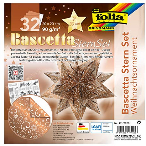 folia 411/2020 – pysselset Bascetta stjärna juldekoration, koppar/vit, 32 ark, 20 x 20 cm, pappersstjärna färdig storlek ca 30 cm, med detaljerade instruktioner – perfekt för tidlös dekoration