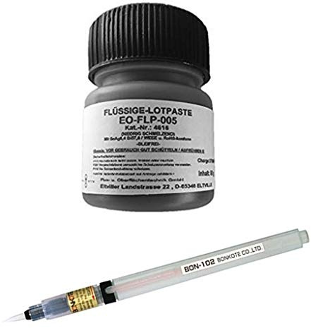 EO-SMD Profi-Set 009 (EO-FLP-005, flüssige No Clean Lotpaste (Schmelzpunkt: 138° C), Pinselflasche, 50 g, SnAgBi57,6 (T4) + EO-Flux-Pen, 6 ml Inhalt HR/D-110 (No-Clean Flussmittel mit 5,8% Feststoff)