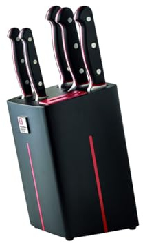 RICHARDSON SHEFFIELD VELOCITY Messerblock bestückt, 6-teilig, schwarz/rot, integierter Messerschärfer, hochwertiges Messer-Set, dreifach vernietete Griffschalen, 130